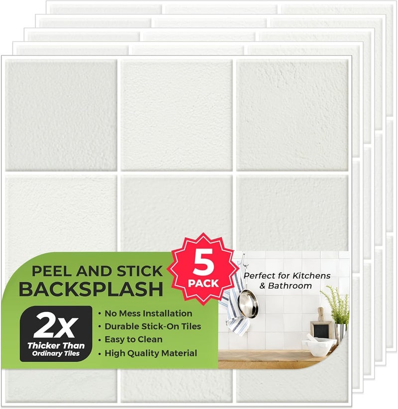 SELECT LIGHTING 5 Pack Peel and Stick Backsplash Square Tiles, Extra Thick 3D Wall Panels, Heat & Water Resistant, Easy DIY Kitchen, Bathroom, Laundry, Fireplace & Rental Home Wall Décor (12 x 12 in), Stone White - Image 1